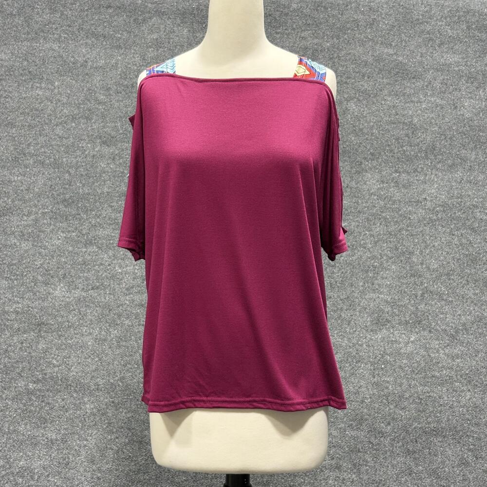 Cellabie Shirt Womens Medium Burgundy Cold Shoulder Strappy Short Sleeve Boho